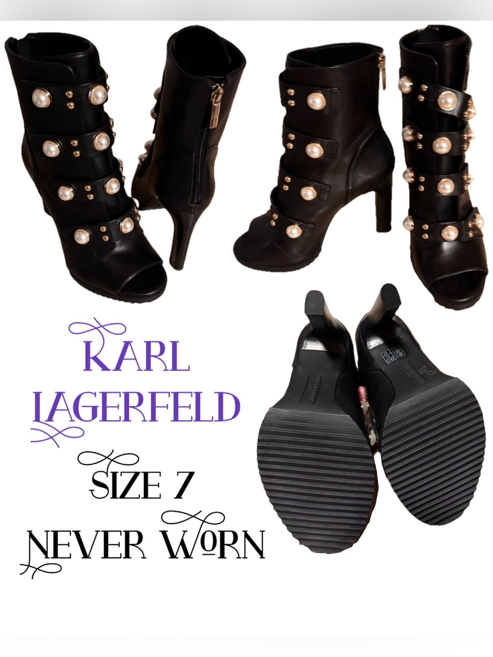 Sexy Karl Lagerfeld Black Heels Pearl Studs Peep-Toe Boot Back Zippers BRAND NEW